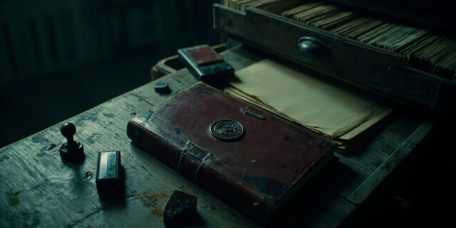 Closed registry book with official seal on desk, surrounded by rubber stamps and inkpads in dim institutional office