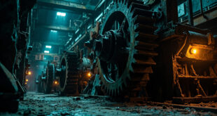 Rusted industrial gears and machinery in dim lighting showing mechanical failure and industrial decline.