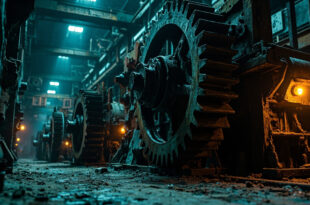 Rusted industrial gears and machinery in dim lighting showing mechanical failure and industrial decline.