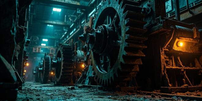 Rusted industrial gears and machinery in dim lighting showing mechanical failure and industrial decline.