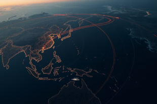 Curved flight path traced over dark European landmass, sea, and Balkan terrain at twilight