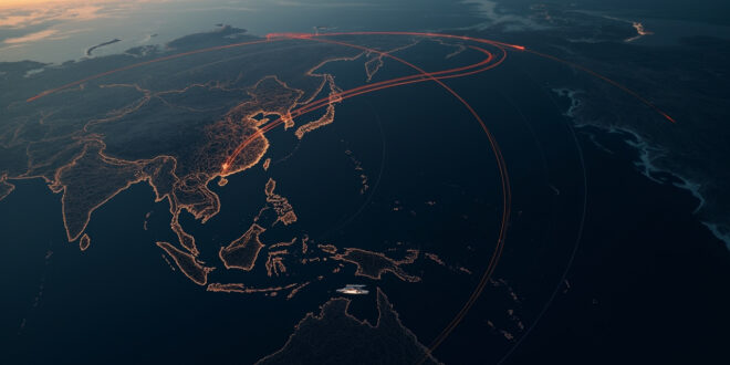 Curved flight path traced over dark European landmass, sea, and Balkan terrain at twilight