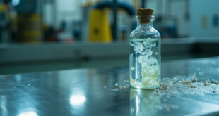 Glass vial with cloudy wastewater sample on steel laboratory surface with metal pipes in background