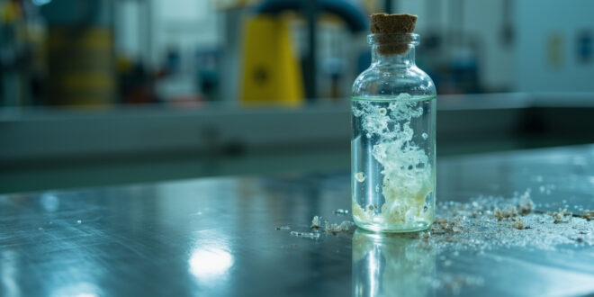 Glass vial with cloudy wastewater sample on steel laboratory surface with metal pipes in background