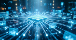 Futuristic 3D render of AI processing unit with glowing data connections and marketing workflow visualizations