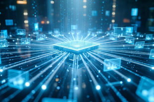 Futuristic 3D render of AI processing unit with glowing data connections and marketing workflow visualizations