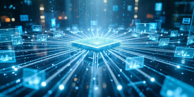 Futuristic 3D render of AI processing unit with glowing data connections and marketing workflow visualizations