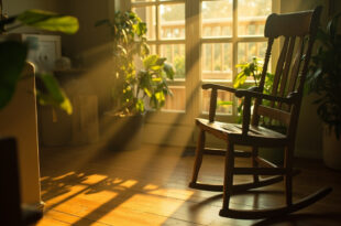 Empty wooden rocking chair next to potted plant in sunlit room with soft shadows on hardwood floor