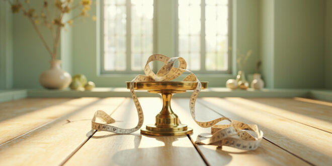 Analog weight scale on wooden floor with measuring tape coiled beside it in natural light