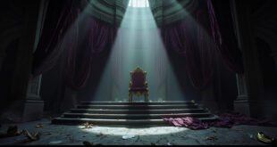 Empty ornate golden throne on platform in shadowy formal room with purple drapes and scattered royal ceremonial objects