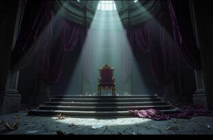 Empty ornate golden throne on platform in shadowy formal room with purple drapes and scattered royal ceremonial objects