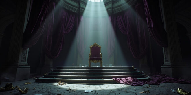 Empty ornate golden throne on platform in shadowy formal room with purple drapes and scattered royal ceremonial objects