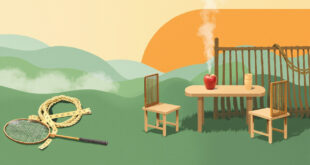 Tennis rackets, golf clubs, and fresh vegetables arranged on wooden deck with morning light filtering through trees