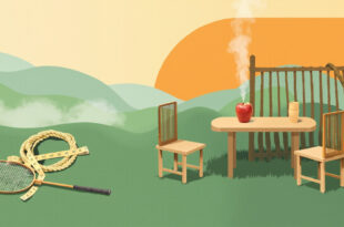 Tennis rackets, golf clubs, and fresh vegetables arranged on wooden deck with morning light filtering through trees