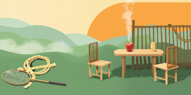 Tennis rackets, golf clubs, and fresh vegetables arranged on wooden deck with morning light filtering through trees