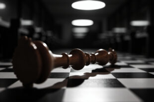 Black wooden chess king piece lying on its side on a checkered board in an empty tournament room