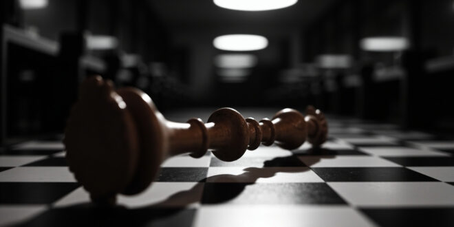 Black wooden chess king piece lying on its side on a checkered board in an empty tournament room