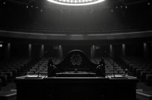 Empty ornate podium in Japanese parliament chamber with rows of seats and traditional architectural details