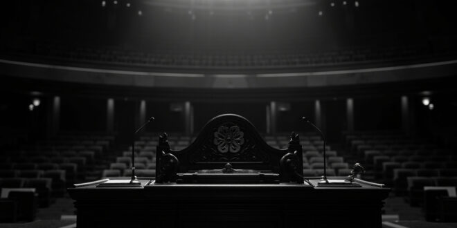 Empty ornate podium in Japanese parliament chamber with rows of seats and traditional architectural details