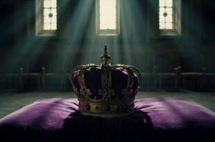 Royal crown and ceremonial regalia on purple velvet cushion in empty historic palace room