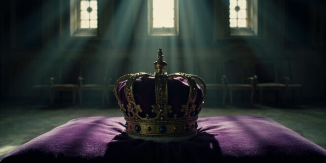 Royal crown and ceremonial regalia on purple velvet cushion in empty historic palace room