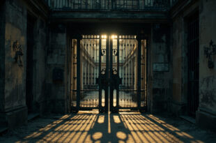 Heavy iron prison gate with stone walls and metal lock in dim morning light