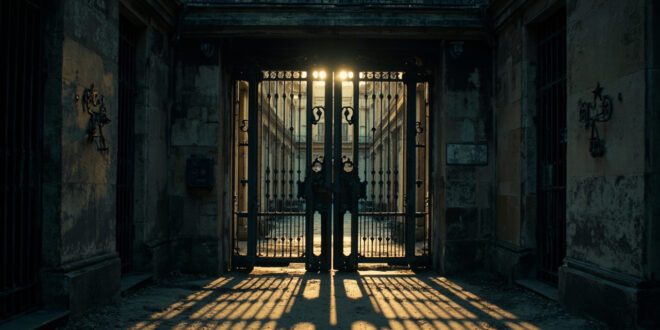Heavy iron prison gate with stone walls and metal lock in dim morning light