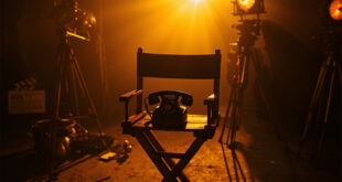 Vintage rotary telephone on wooden director's chair under dramatic studio lighting on empty film set