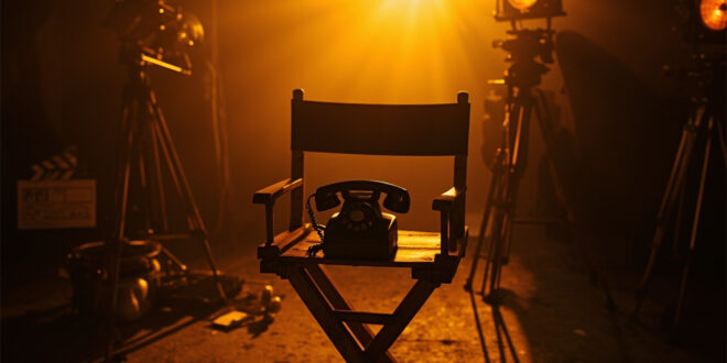 Vintage rotary telephone on wooden director's chair under dramatic studio lighting on empty film set