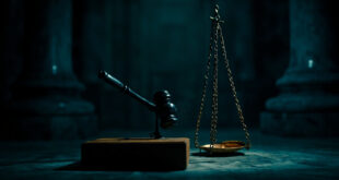 Bronze scales of justice with heavy chains in dark marble courthouse setting
