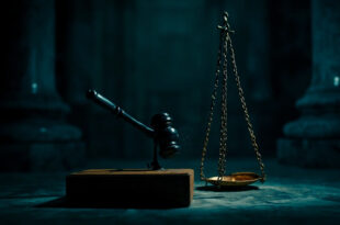 Bronze scales of justice with heavy chains in dark marble courthouse setting