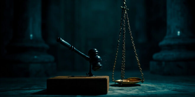 Bronze scales of justice with heavy chains in dark marble courthouse setting