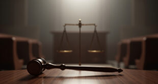 Empty federal courtroom with wooden judge's bench, gavel, and scales of justice awaiting sentencing hearing