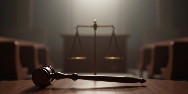 Empty federal courtroom with wooden judge's bench, gavel, and scales of justice awaiting sentencing hearing