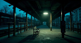 Empty train platform with lone bench under dim lamp, concrete and metal rails stretching into distance at twilight