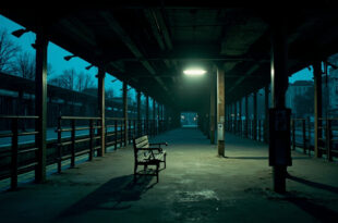Empty train platform with lone bench under dim lamp, concrete and metal rails stretching into distance at twilight