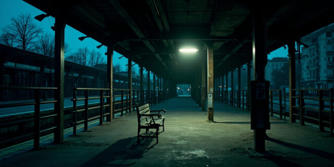 Empty train platform with lone bench under dim lamp, concrete and metal rails stretching into distance at twilight