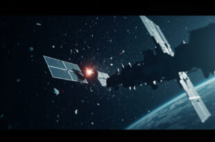 Two metallic satellites approaching each other in low Earth orbit with planet curvature visible below against starfield