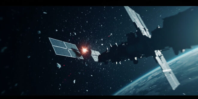 Two metallic satellites approaching each other in low Earth orbit with planet curvature visible below against starfield