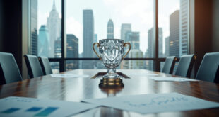 Crystal award trophy on polished desk with financial charts and modern banking institution architecture visible through windows