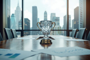 Crystal award trophy on polished desk with financial charts and modern banking institution architecture visible through windows