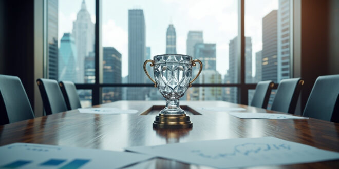 Crystal award trophy on polished desk with financial charts and modern banking institution architecture visible through windows