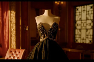 Black evening gown with crystal embellishments on dress form against art deco backdrop with red velvet curtains