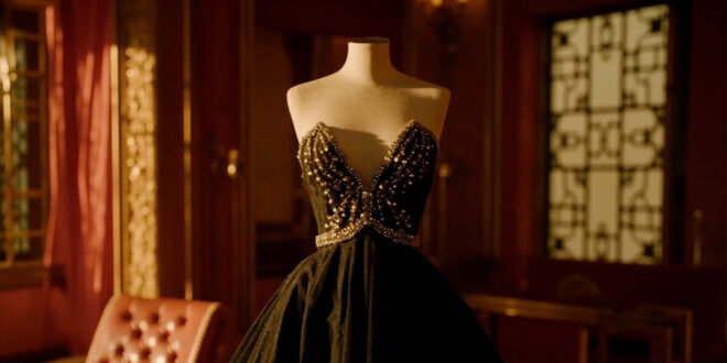 Black evening gown with crystal embellishments on dress form against art deco backdrop with red velvet curtains