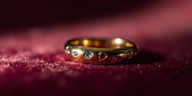 Close-up of minimalist gold wedding band on dark velvet with ruby and aquamarine accent stones