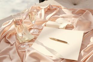 Wedding preparation items including silk robes, champagne flutes, and decorations arranged on hotel suite furniture with ocean view