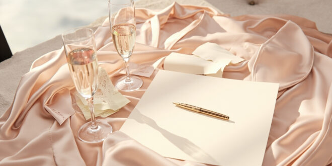 Wedding preparation items including silk robes, champagne flutes, and decorations arranged on hotel suite furniture with ocean view