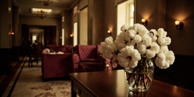 White cotton plant stems in clear glass vase on dark wooden table in hotel hallway with warm lighting