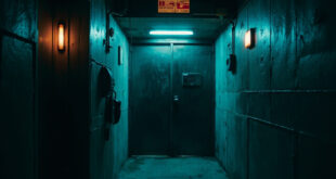 Locked security door with keypad in dimly lit institutional hallway with emergency lighting