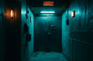 Locked security door with keypad in dimly lit institutional hallway with emergency lighting